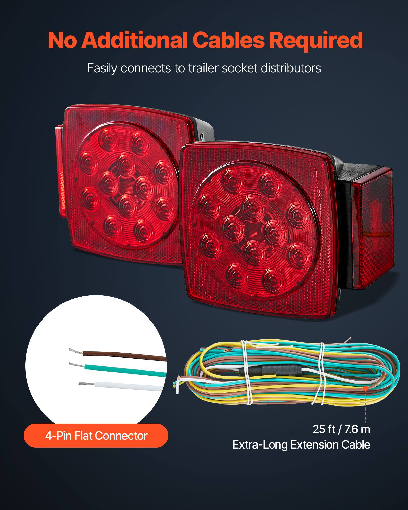 No Additional Cables Required  
Easily connects to trailer socket distributors  

4-Pin Flat Connector  

25 ft / 7.6 m Extra-Long Extension Cable