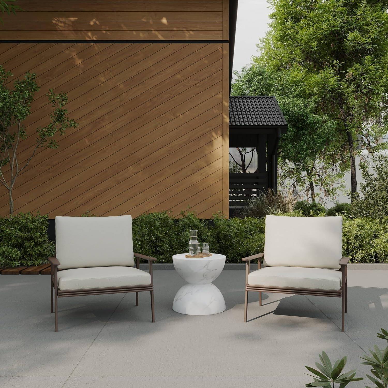 Left. LeisureMod - Sage Fiberstone Half Round Side Table, Weather Resistant Indoor/Outdoor Accent Table & Stool, Fully Assembled - Marbled White.