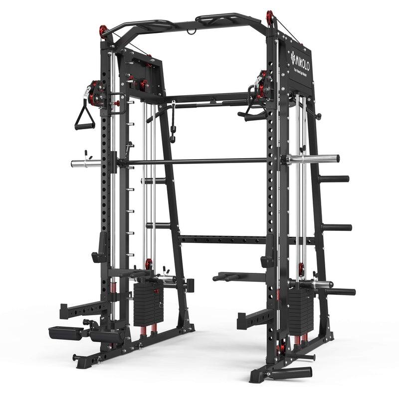 Front. Mikolo - M4-2.0 Elite All-In-One Smith Machine Functional Trainer with Dual Weight Stacks (UPGRADED) - Black.