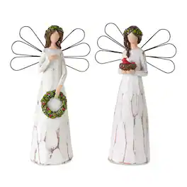 BreeBe - Frosted Winter Angel with Bird and Wreath Accent (Set of 2) - White, Brown, Green