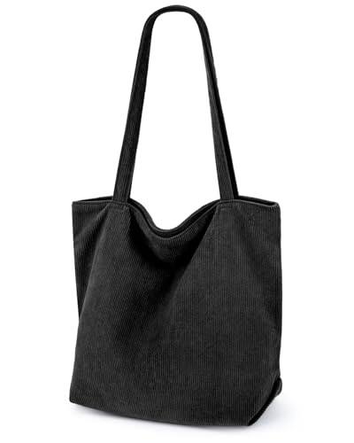 DORLUKFU - Corduroy Tote Bag for Women,Hobo HandBags with Zipper,Large Capacity Casual Shoulder Handbags with Inner Pockets - Black
