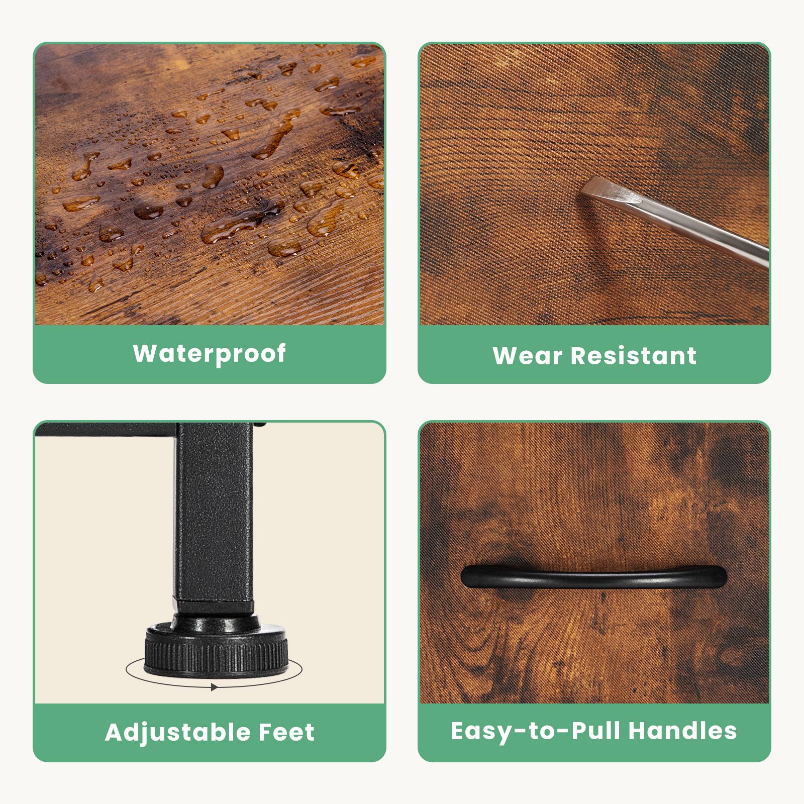 Waterproof, Wear Resistant, Adjustable Feet, Easy-to-Pull Handles