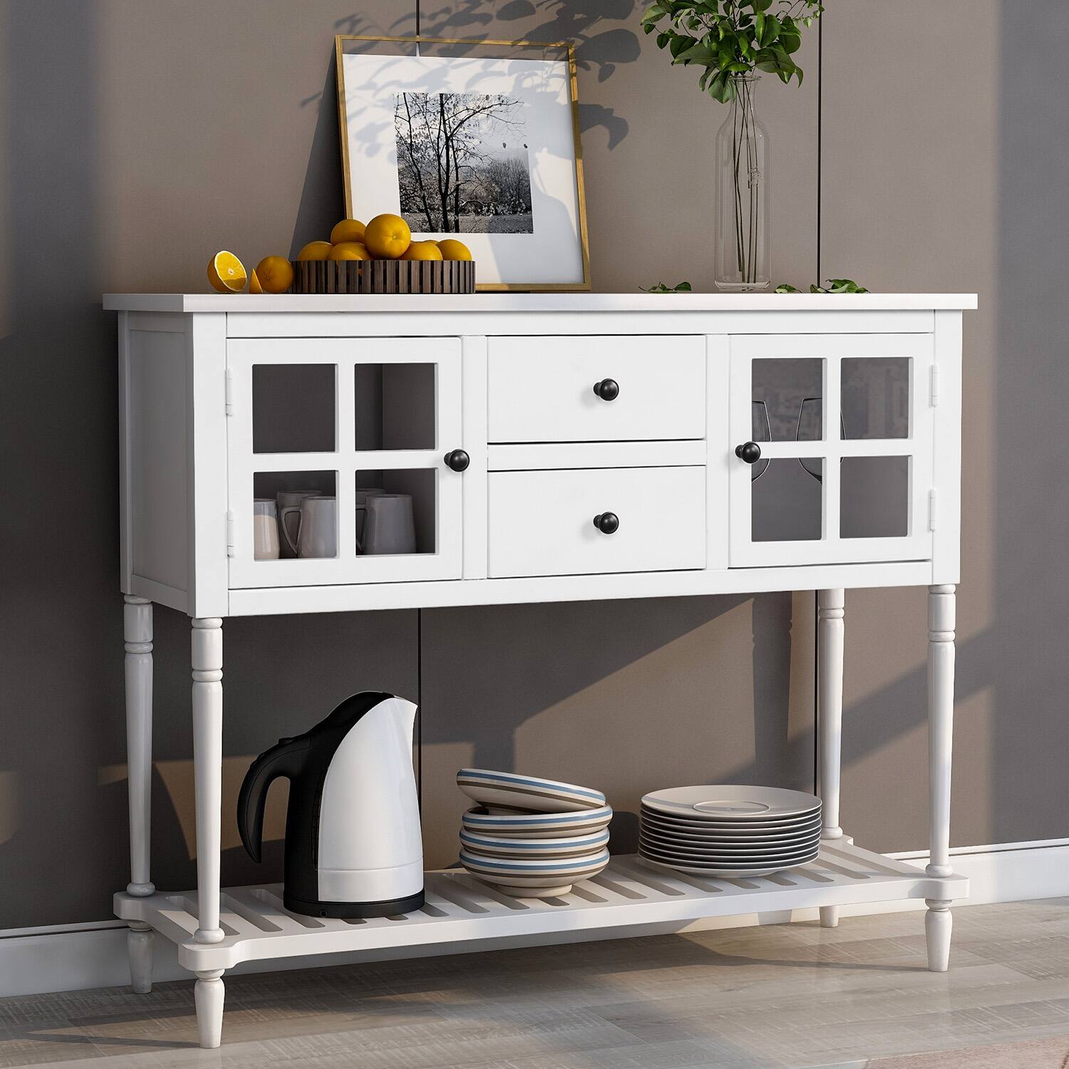 Alt View 1. Ecooso - Sideboard Console Table with Bottom Shelf, Farmhouse Wood/Glass Buffet Storage Cabinet for Living Room - White.