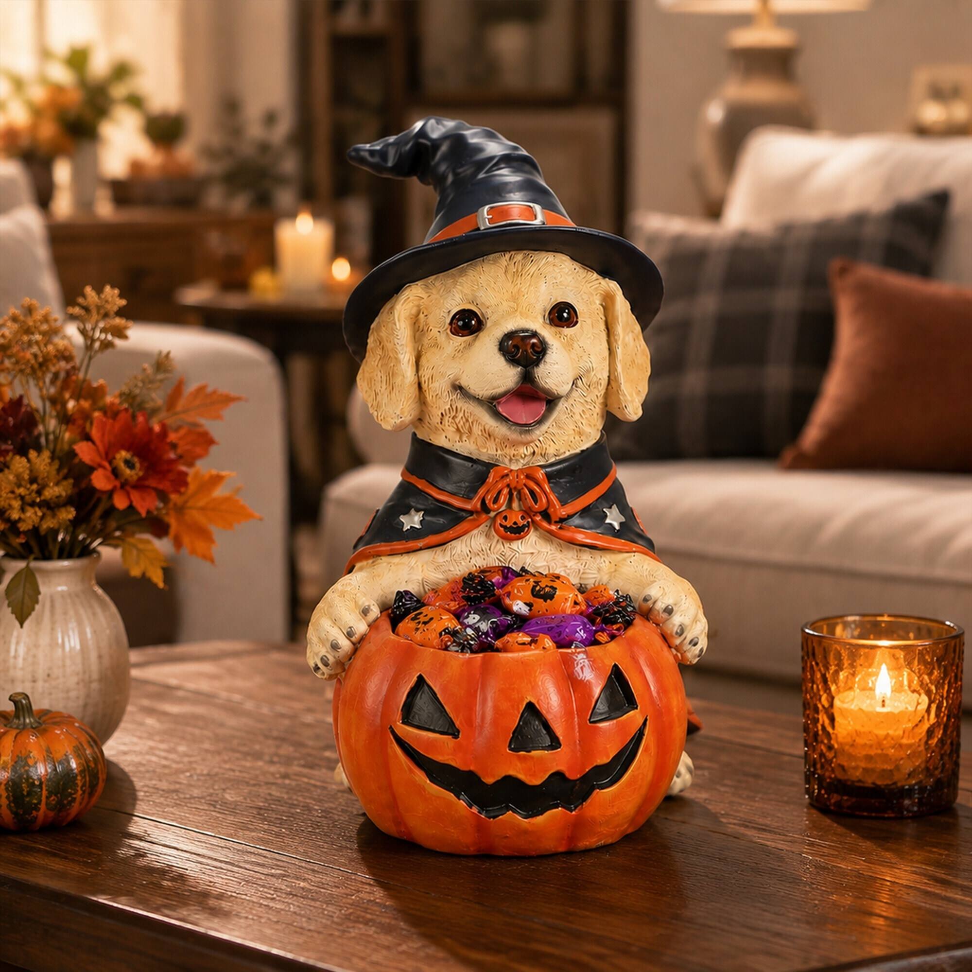 Angle. RYHNUYNE - Halloween Labrador Retriever Witch Puppy Figurine with Pumpkin Candy Bowl, Hand-Painted Resin Dog Decor - Beige.