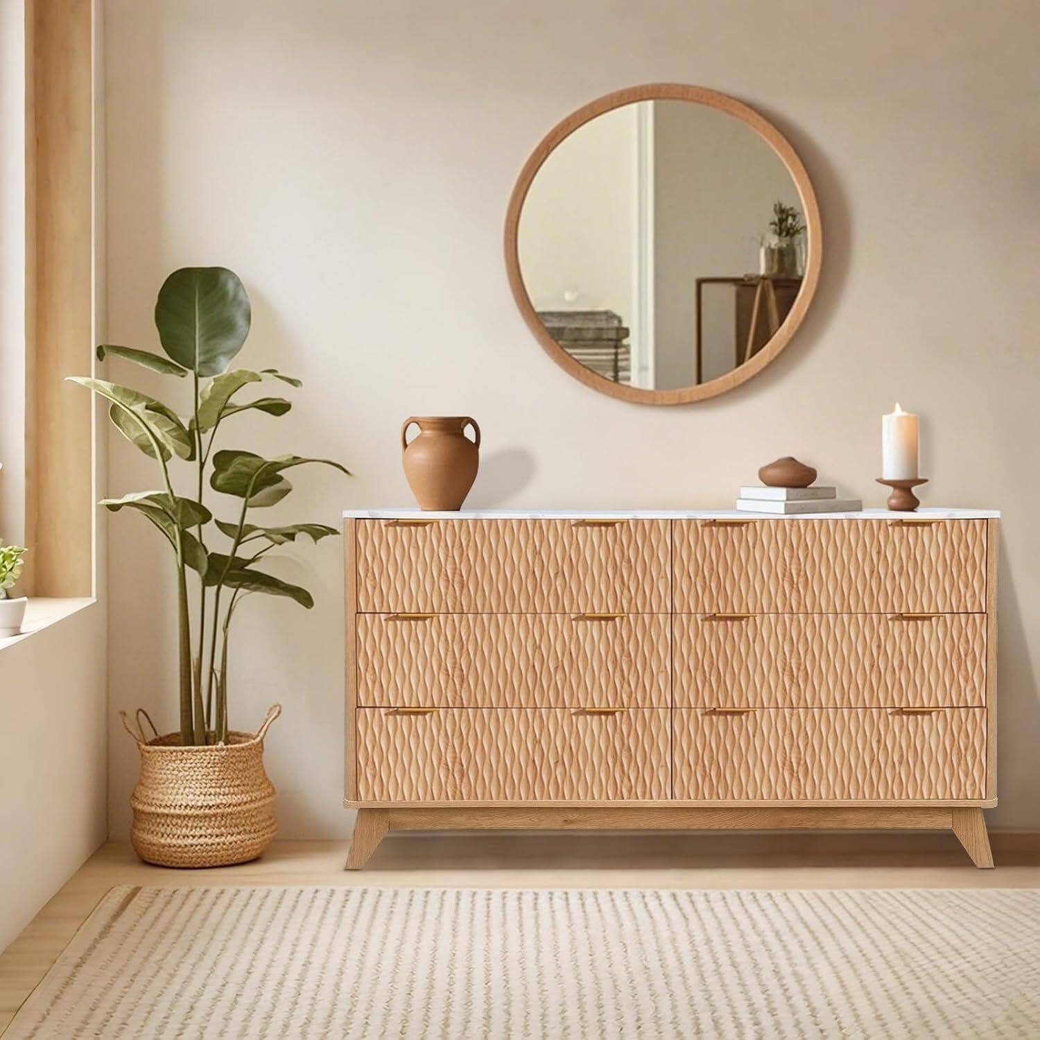 Angle. Qeetex - 54" Farmhouse Style 6-Drawer Chest with Faux Marble Top, Wide Wood Dresser for Bedroom & Living Room - ‎Oak.