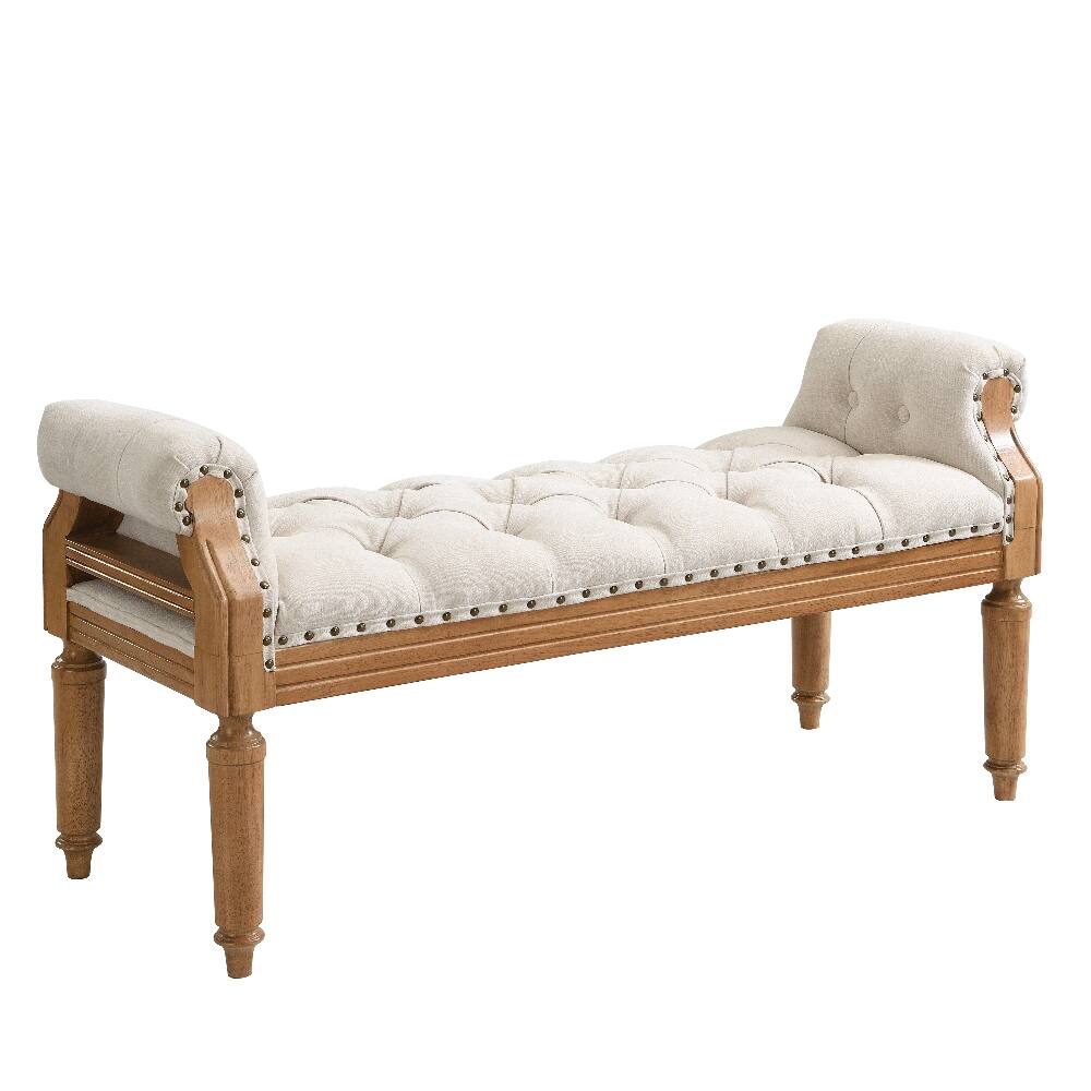 Alt View 3. Ropilly - Ropilly Mid-Century Upholstered Bedroom Bench with Rolled Arms Tufted End of Bed Bench Solid Wood Entryway Ottoman Beige - Beige.