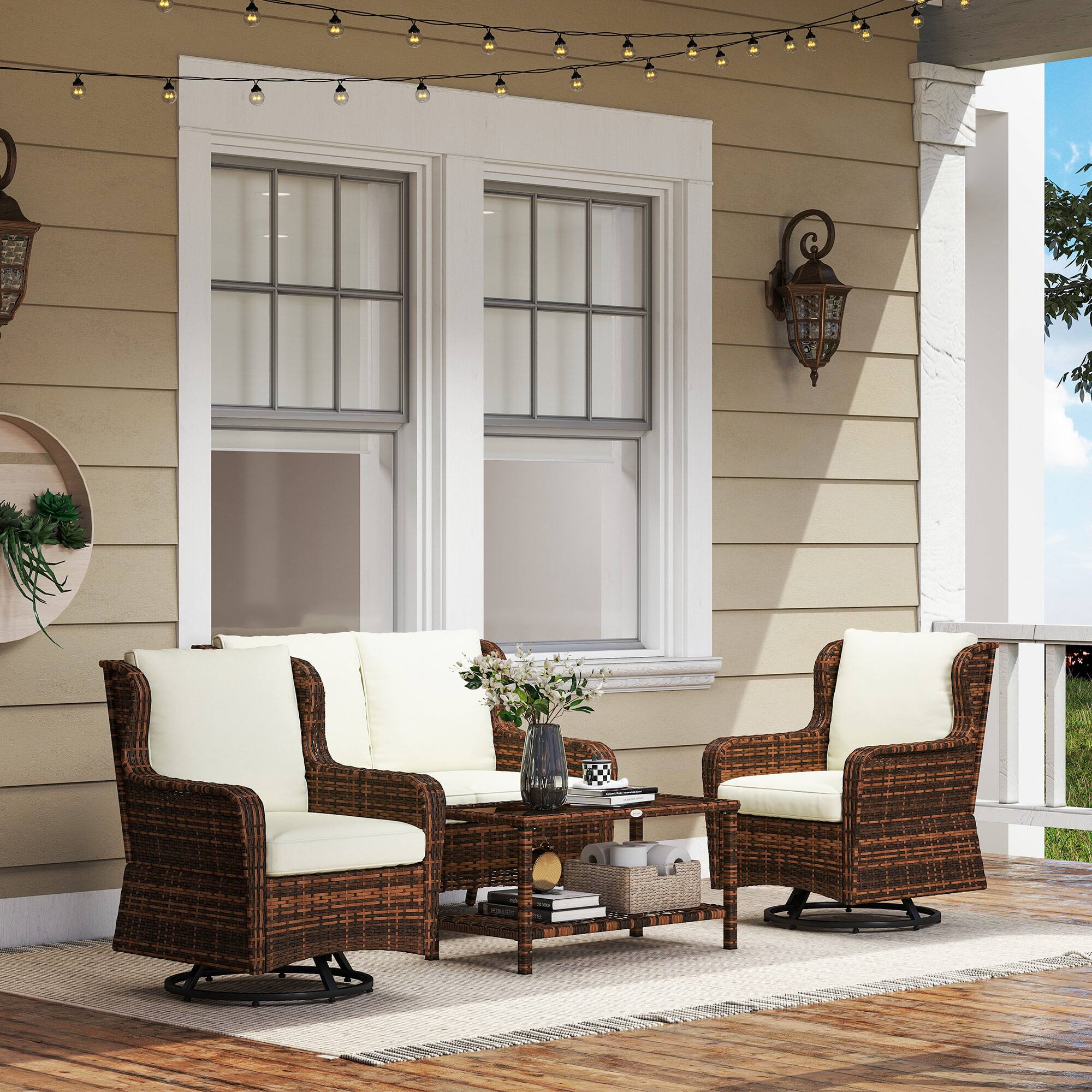 Alt View 1. Outsunny - Piece Rattan Patio Furniture Set, Conversation Set with Swivel Glider Chairs Table Loveseat for Garden - Cream White.