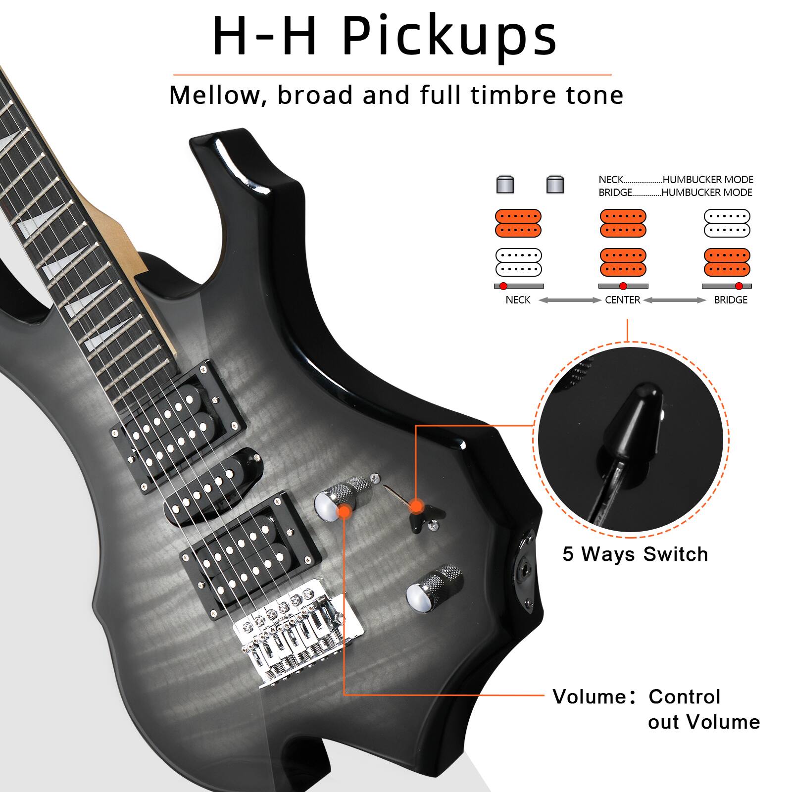 H-H Pickups  
Mellow, broad and full timbre tone  

NECK BRIDGE  
HUMBUCKER MODE  
HUMBUCKER MODE  
NECK CENTER BRIDGE  

5 Ways Switch  
Volume: Control out Volume