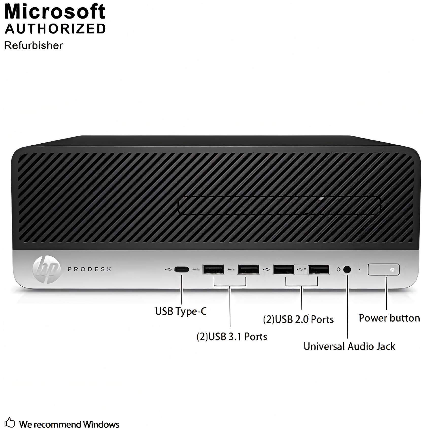 Microsoft AUTHORIZED Refurbisher

hp PRODESK

USB Type-C  
(2)USB 3.1 Ports  
(2)USB 2.0 Ports  
Universal Audio Jack  
Power button

We recommend Windows