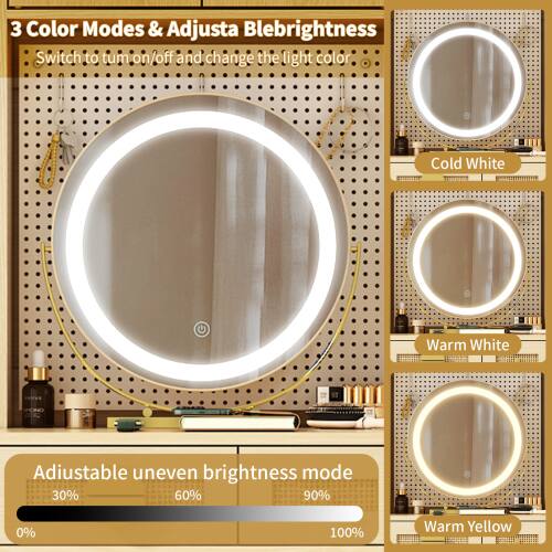 3 Color Modes & Adjustable Brightness  
Switch to turn on/off and change the light color.  

Cold White  
Warm White  
Warm Yellow  

Adjustable uneven brightness mode  
0% 30% 60% 90% 100%