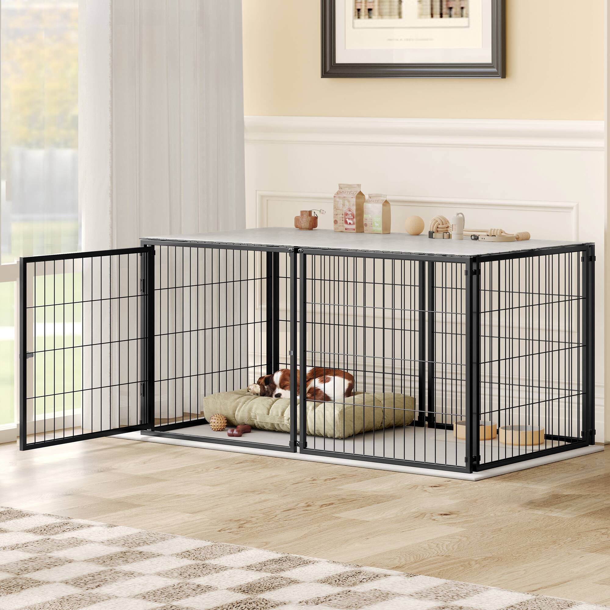 Angle. Runesay - Black 48" Large Indoor Dog Pet Cage Dog Kennel for Medium Dogs Puppy Dog Playpen with Top.