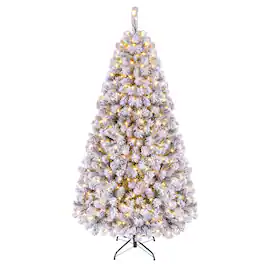 Costway - 6 FT Pre-Lit Flocked Cedar Christmas Tree Hinged - Green /White