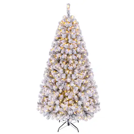 Front. Costway - 6 FT Pre-Lit Flocked Cedar Christmas Tree Hinged - Green /White.