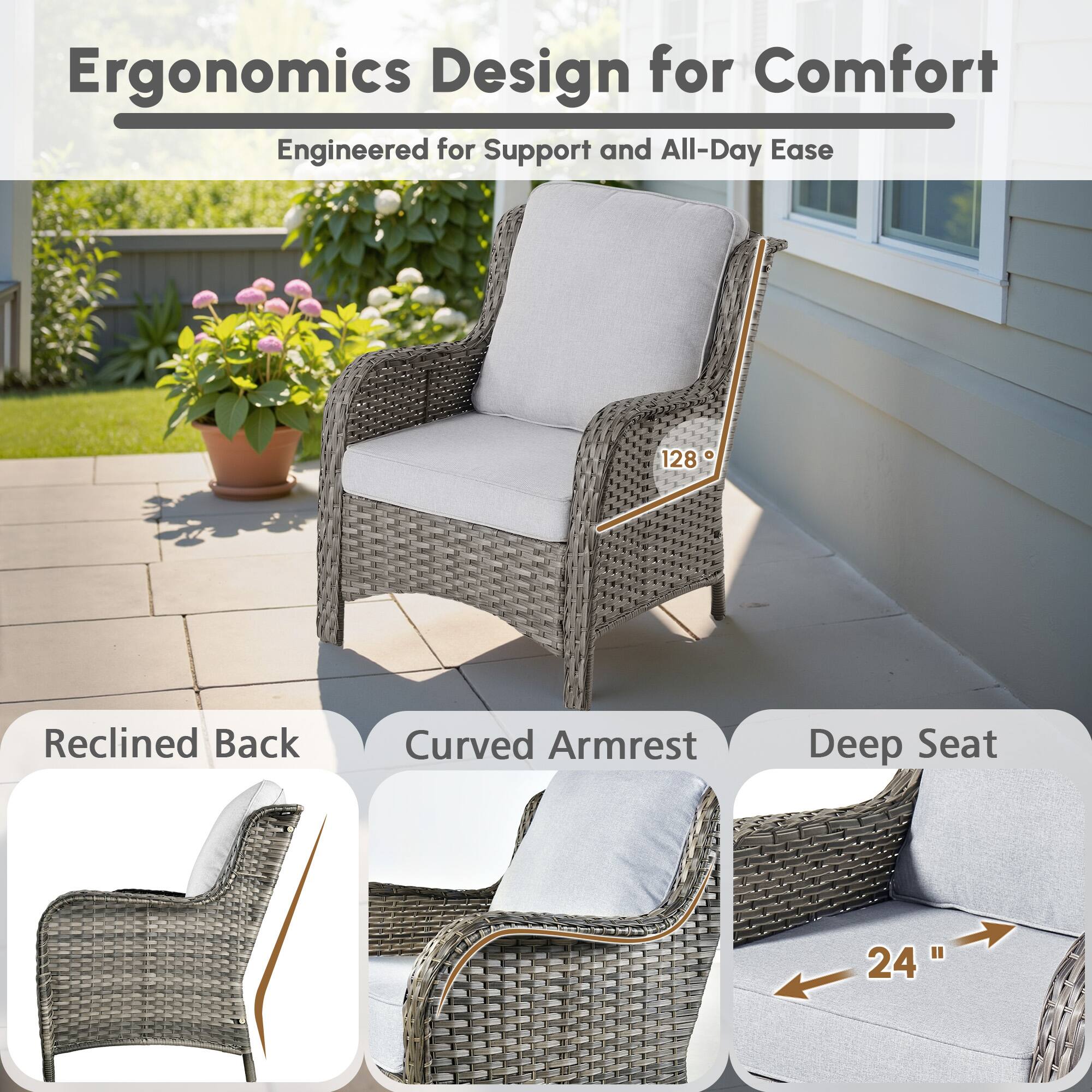 Ergonomics Design for Comfort  
Engineered for Support and All-Day Ease  

128° Reclined Back  
Curved Armrest  
Deep Seat 24"
