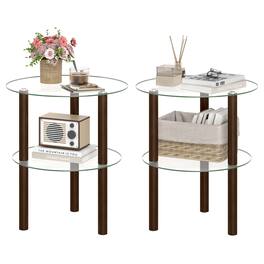 Costway - 2PCS Round End Table, 2-Tier Sofa Side Table with Clear Tempered Glass Top & Shelf - Brown