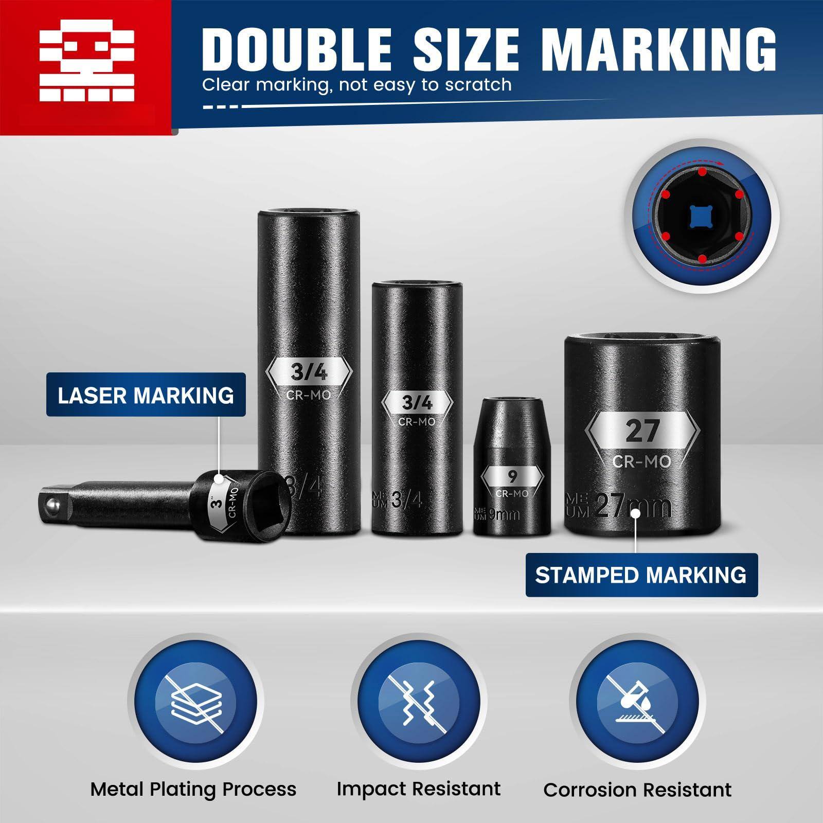 **DOUBLE SIZE MARKING**  
Clear marking, not easy to scratch

**LASER MARKING**  
3/4 CR-MO  
3/4 CR-MO  
9 CR-MO  
9mm  
27 CR-MO  
27mm

**STAMPED MARKING**

- Metal Plating Process
- Impact Resistant
- Corrosion Resistant