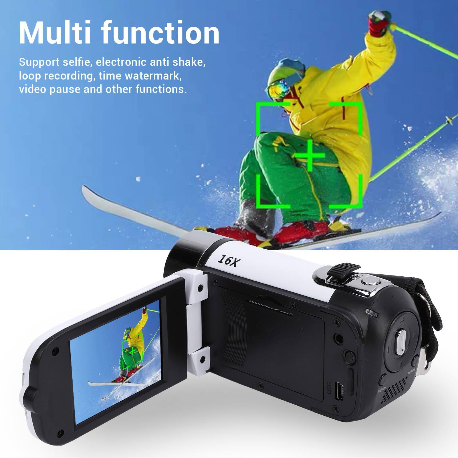 Multi function  
Support selfie, electronic anti shake, loop recording, time watermark, video pause and other functions.  
+ 16X