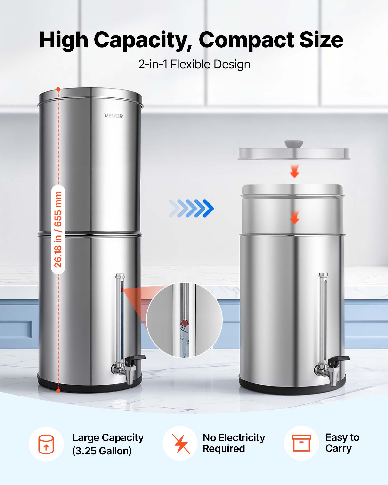 High Capacity, Compact Size  
2-in-1 Flexible Design  
VEVOR  
26.18 in / 655 mm  
Large Capacity (3.25 Gallon)  
No Electricity Required  
Easy to Carry