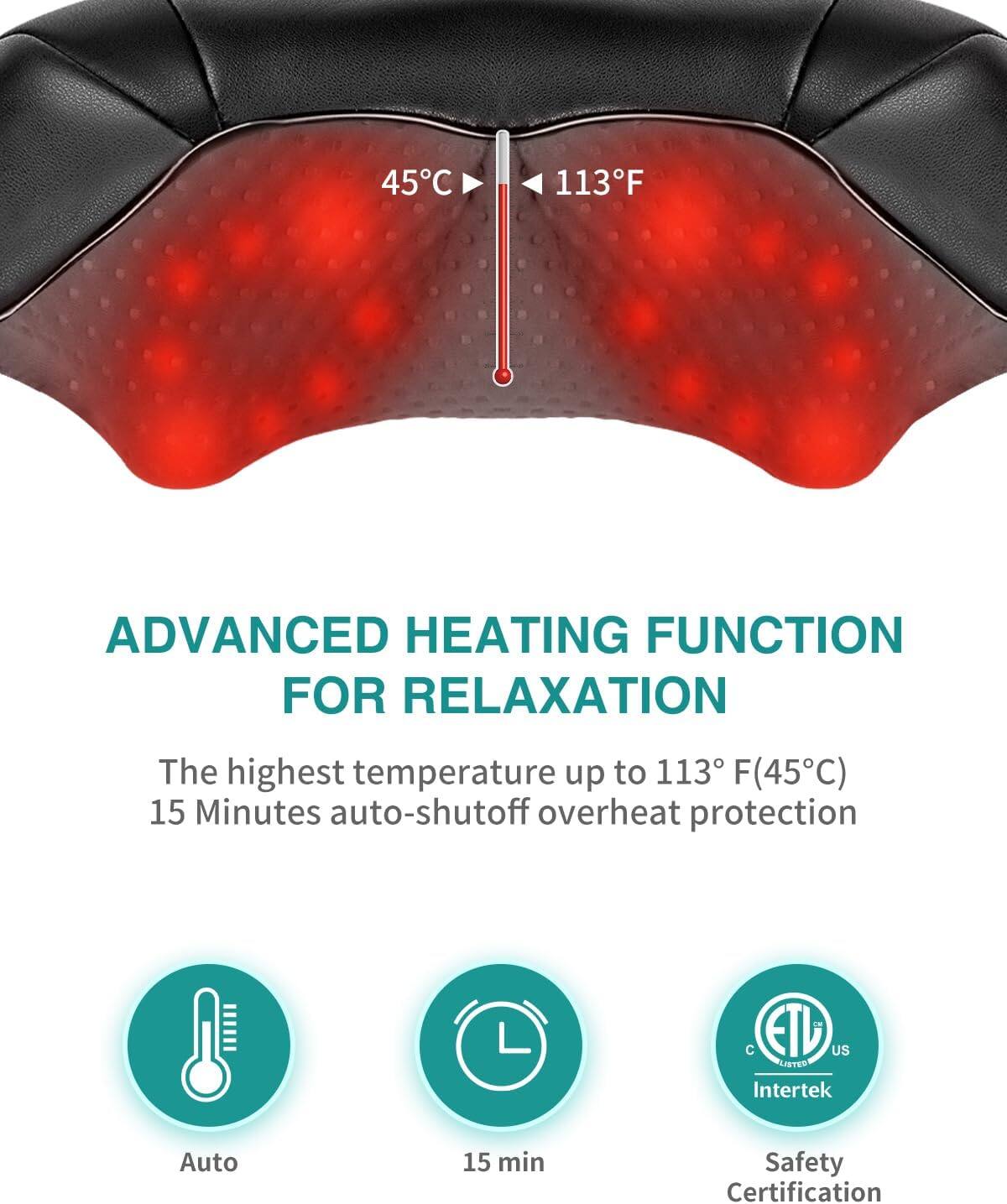 45°C  
113°F  
ADVANCED HEATING FUNCTION FOR RELAXATION  
The highest temperature up to 113°F (45°C)  
15 Minutes auto-shutoff overheat protection  
ETL US LISTED Intertek  
Auto  
15 min  
Safety Certification