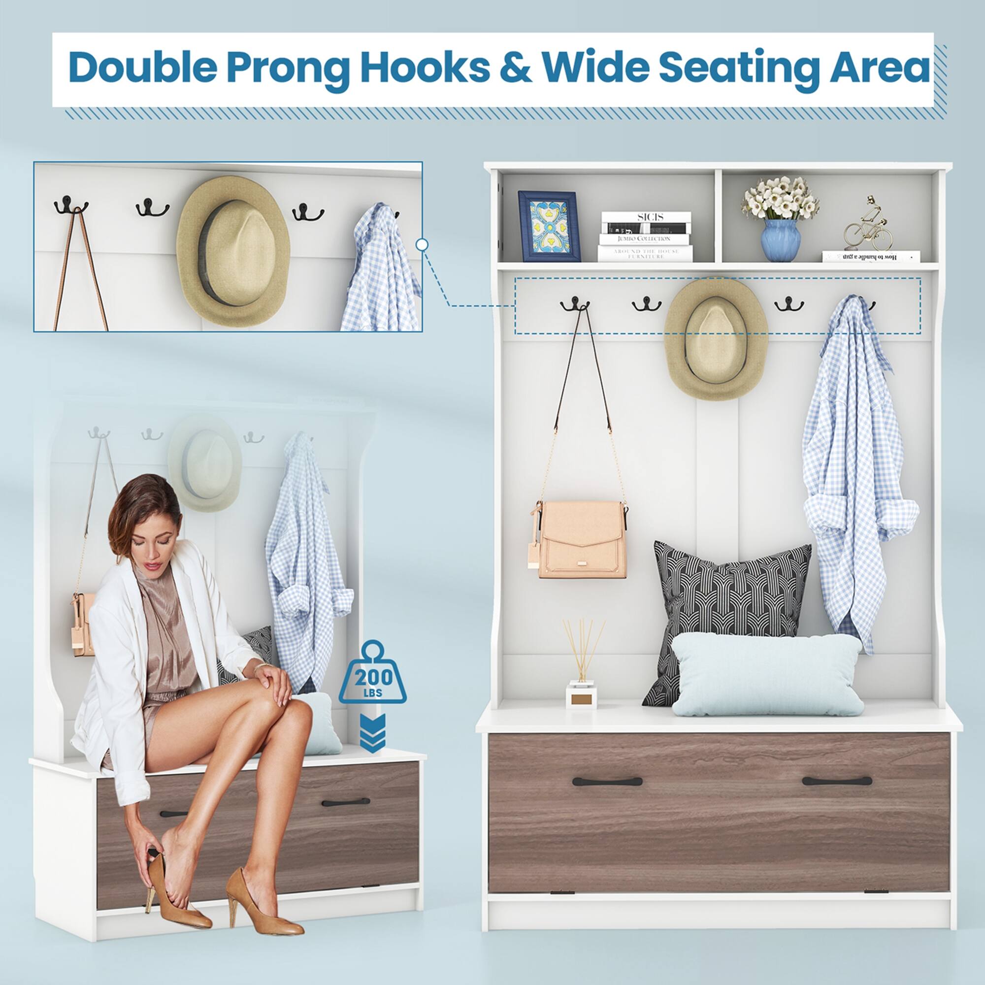 Double Prong Hooks & Wide Seating Area

200 LBS