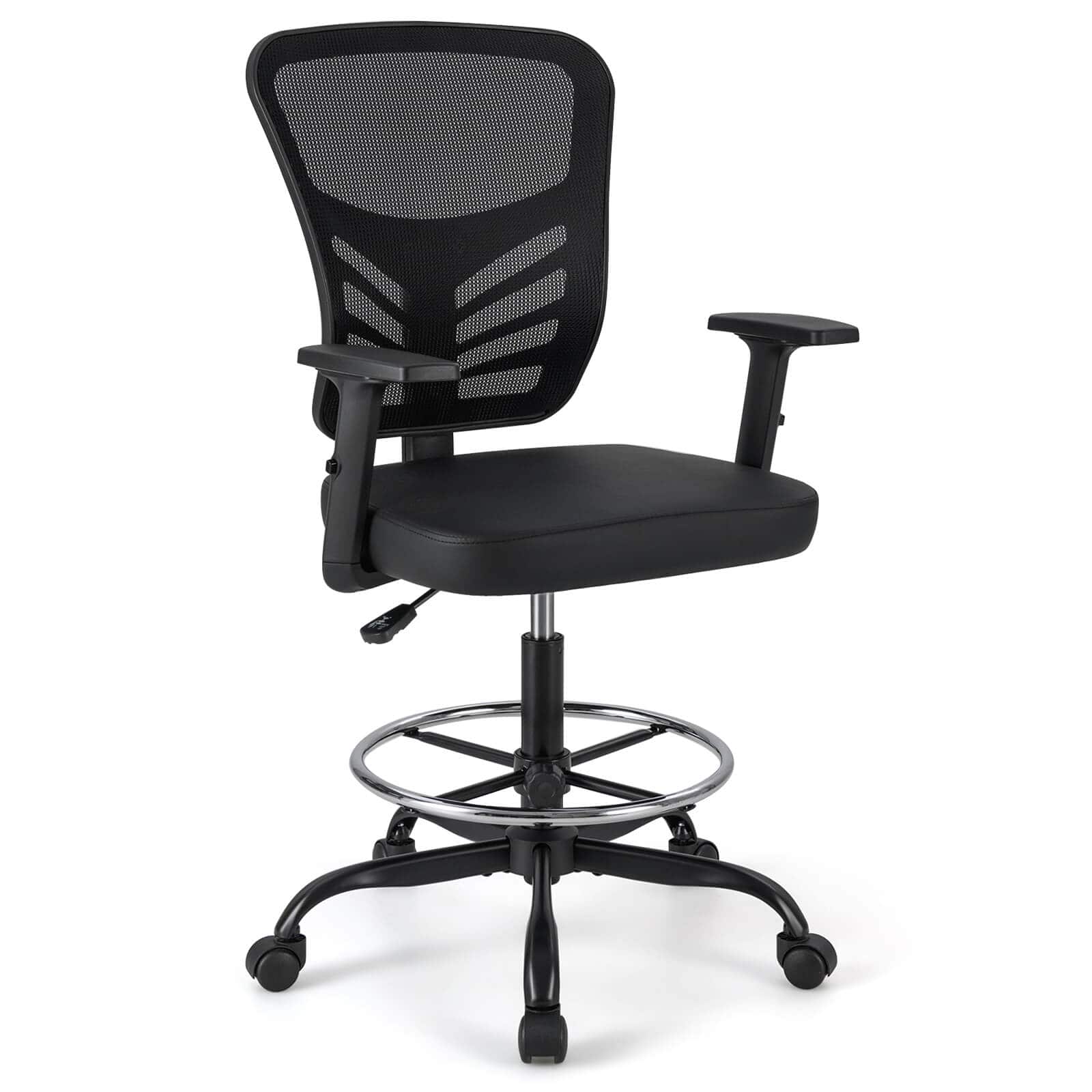 Front. Costway - Drafting Mesh Office Chair with Adjustable Armrests and Foot-Ring - Black.