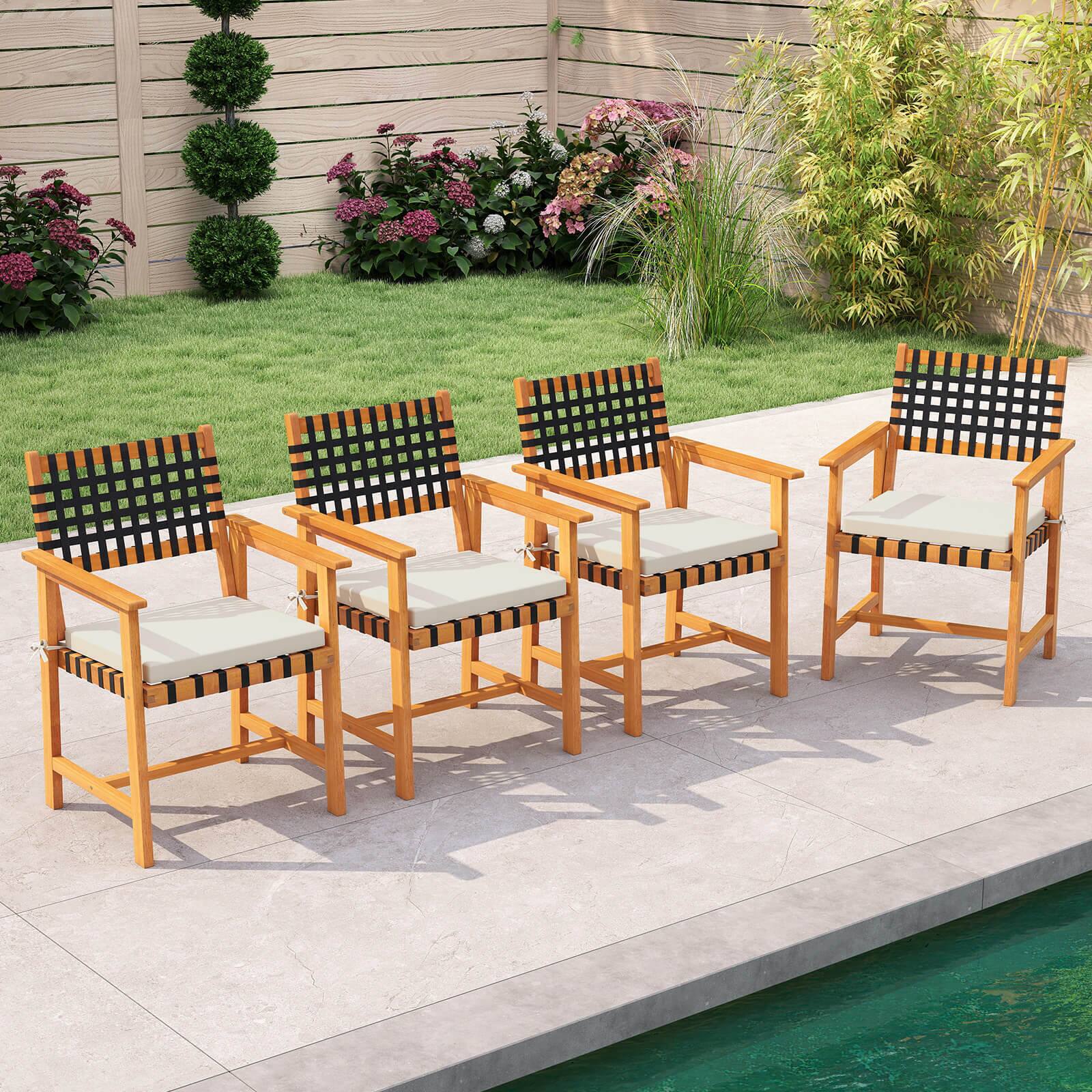 Alt View 1. Costway - Costway Solid Acacia Wood Patio Chair Set of 4 with Padded Seat Cushion Washable Covers - Natural,Off White.