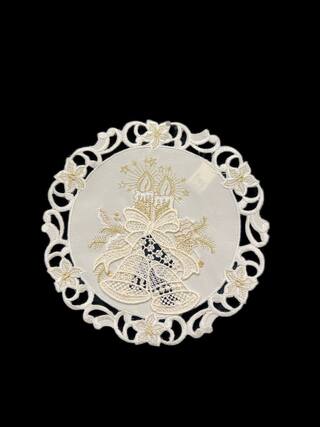 Front. Jiallo - Christmas Candle Beige Lace Embroidered Cutwork Round Placemat, 8-Inch diameter Table Linen - Beige.