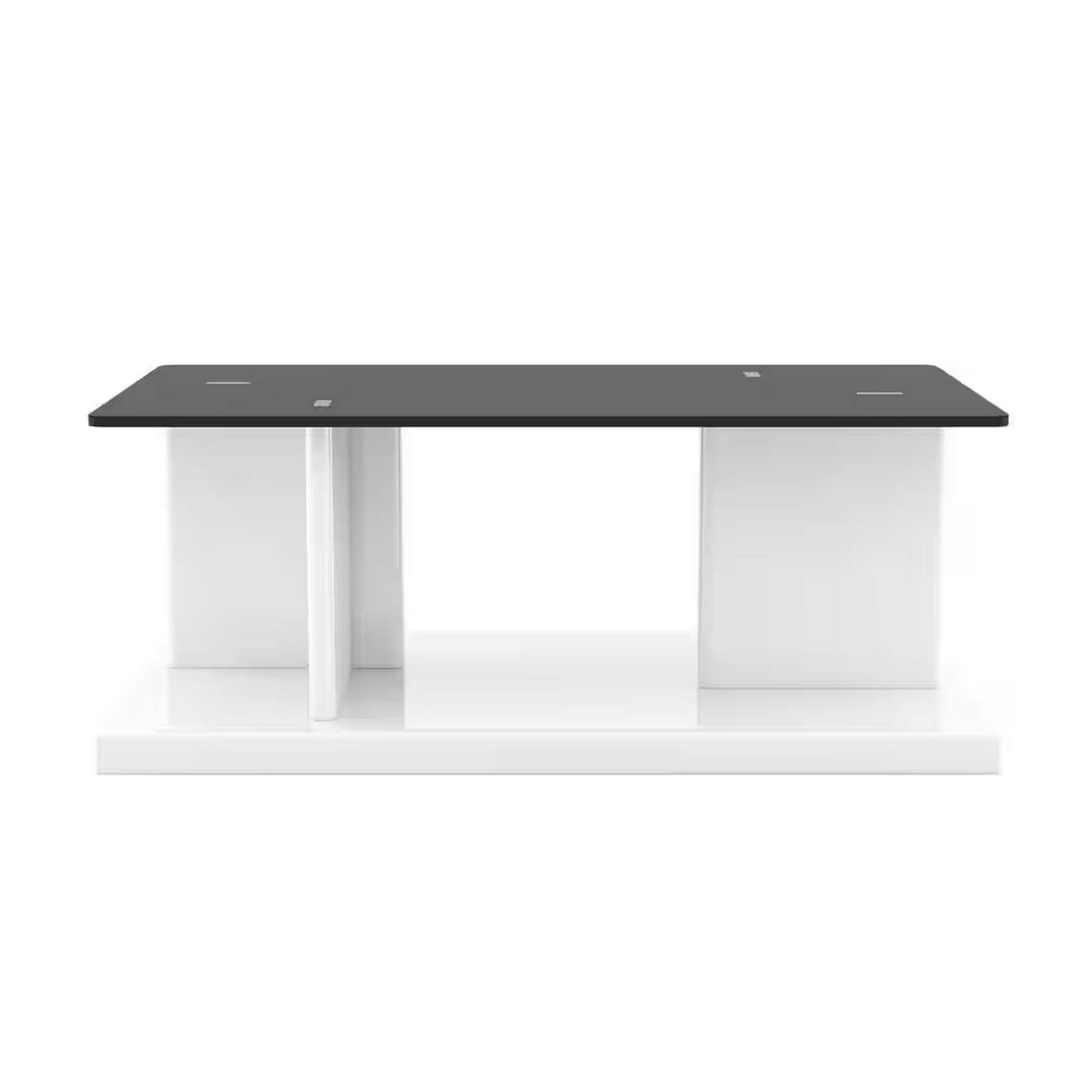 Alt View 1. Manhattan Lane - Liam 47 Inch Rectangular Coffee Table, White Wood, Pedestal Base, Glass Top - White, Black.