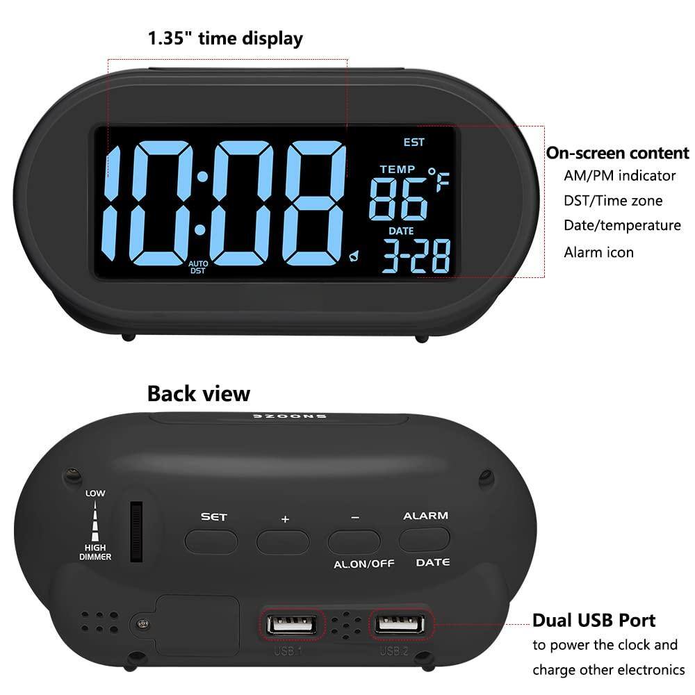 1.35" time display

EST 10:08

TEMP 86°F

DATE 3-28

On-screen content:
- AM/PM indicator
- DST/Time zone
- Date/temperature
- Alarm icon

Back view

STDONE LOW SET + I ALARM HIGH DIMMER ALON/OFF DATE CSB JSB.2

Dual USB Port to power the clock and charge other electronics