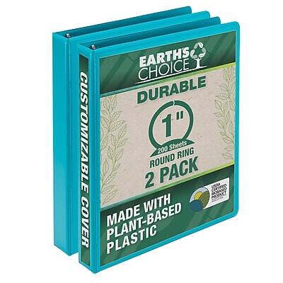 EARTH'S CHOICE  
DURABLE  
1"  
200 Sheets  
ROUND RING  
2 PACK  

MADE WITH  
PLANT-BASED PLASTIC  

CUSTOMIZABLE COVER  

CERTIFIED USZA PRODUCT