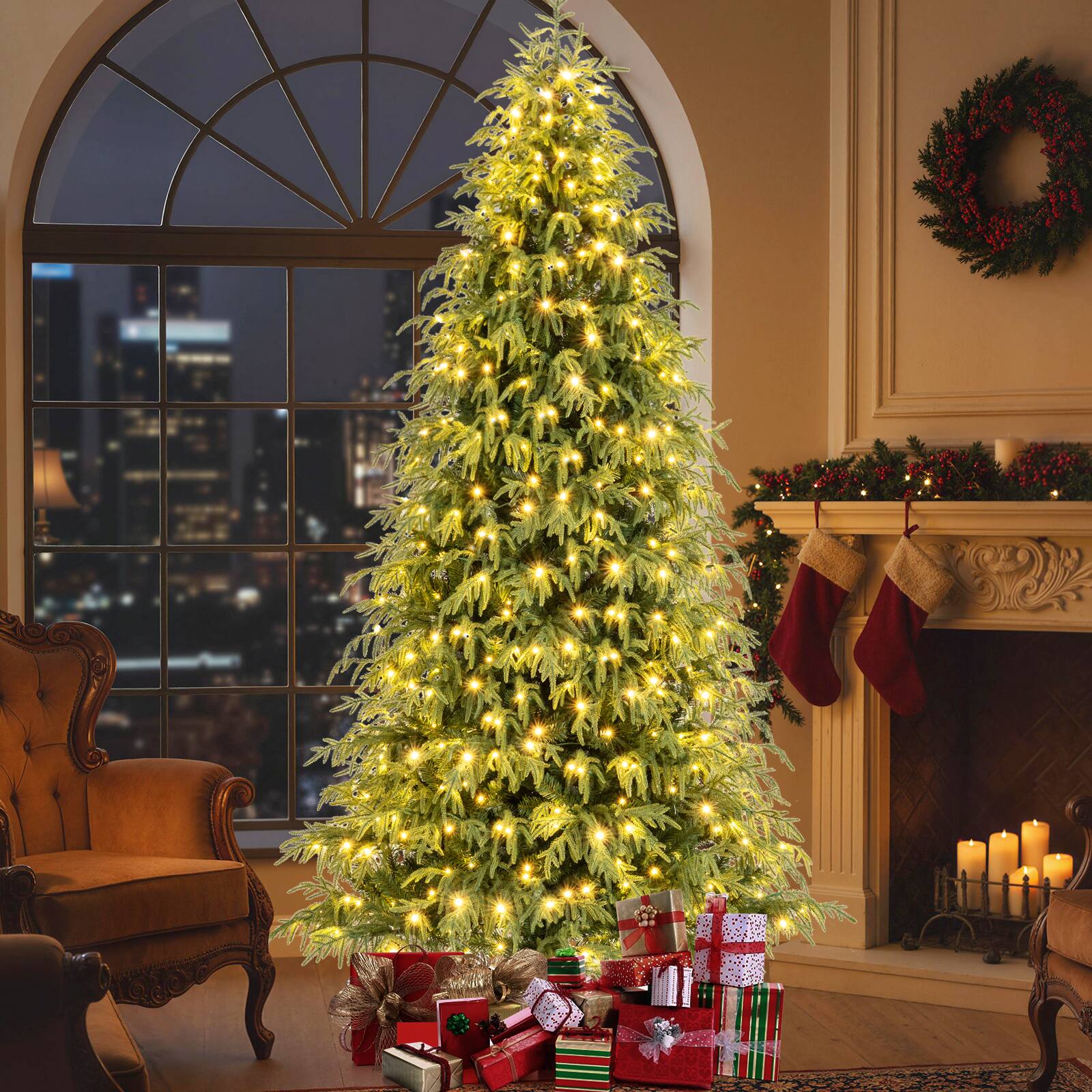Alt View 1. Costway - Costway 8 FT Artificial Christmas Tree with 1470 Branch Tips, 470 Warm White LED Lights - Green.
