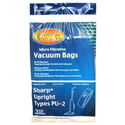 A MUST FOR ALLERGY SUFFERERS!!
844
EuroCore
Micro Filtration Vacuum Bags
99.7% Filtration Traps Microscopic Particles and Allergens
Filtracion 99.7% Particulas et Allergenes Microscopiques de Piges
99.7% Filtracion Particulas Alergenicos Microscpicos de los Desvlos
Designed to Fit:
Concus Pour:
Diseado a Medida:
Sharp* Upright Types PU-2
3 BAGS
SACS
BOLSAS
Trademark of Vacuum Manufacturer