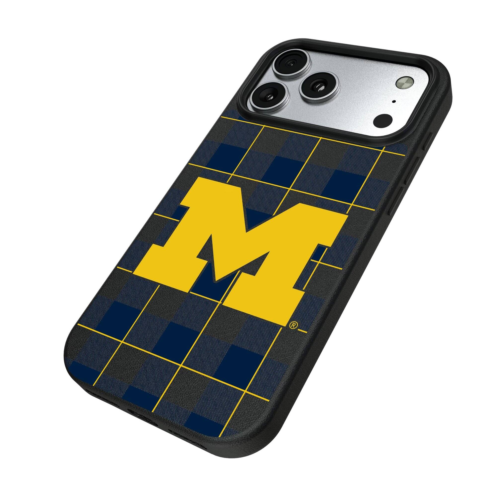 Alt View 1. Keyscaper - Michigan Wolverines Plaid Magnetic Bump iPhone Case - 15 Plus - Black.