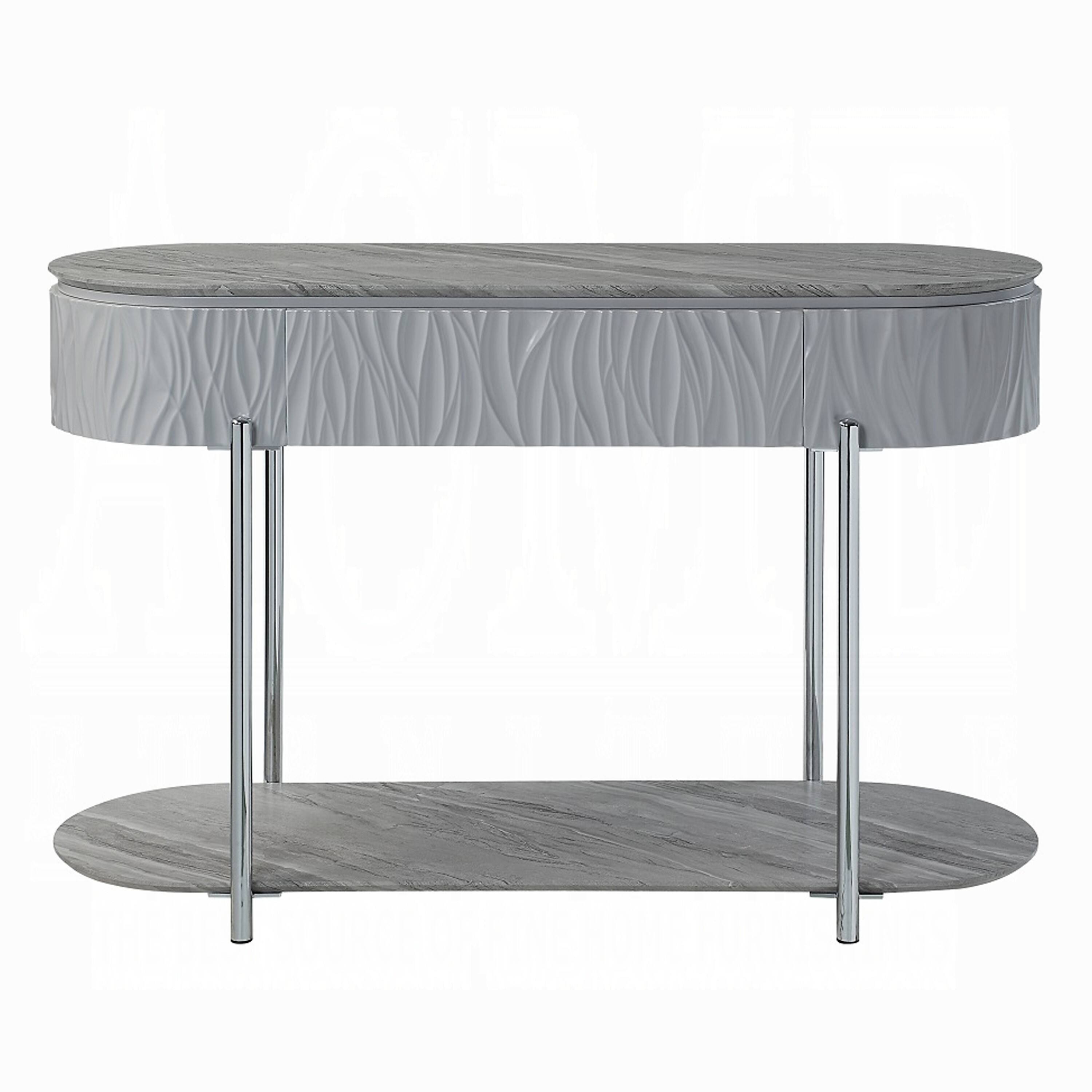 Alt View 1. Manhattan Lane - Doug Sofa Table, Gray High Gloss Wood, Drawers, Chrome Metal, 47 Inch - Gray, Chrome.