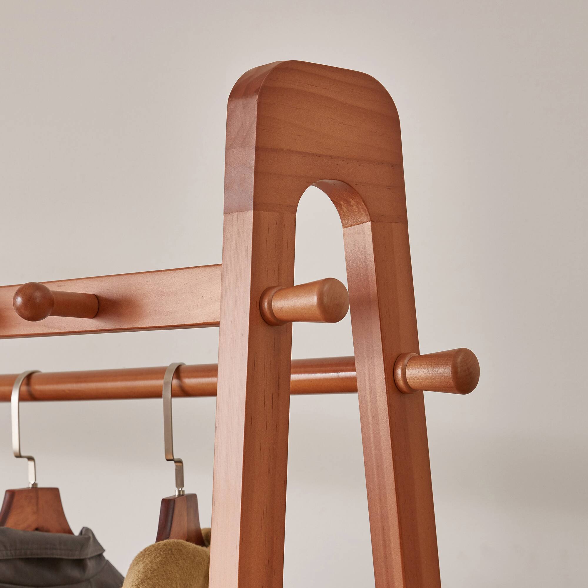 Alt View 4. LUCKY ONE - Solid Wood Freestanding Clothing Garment Rack with Lockable Wheels - Cherry.