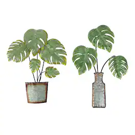 Zeckos - Set of 2 Metal Tropical Potted Plant Wall Art Decorative Sculpture Home Decor - Multicolored