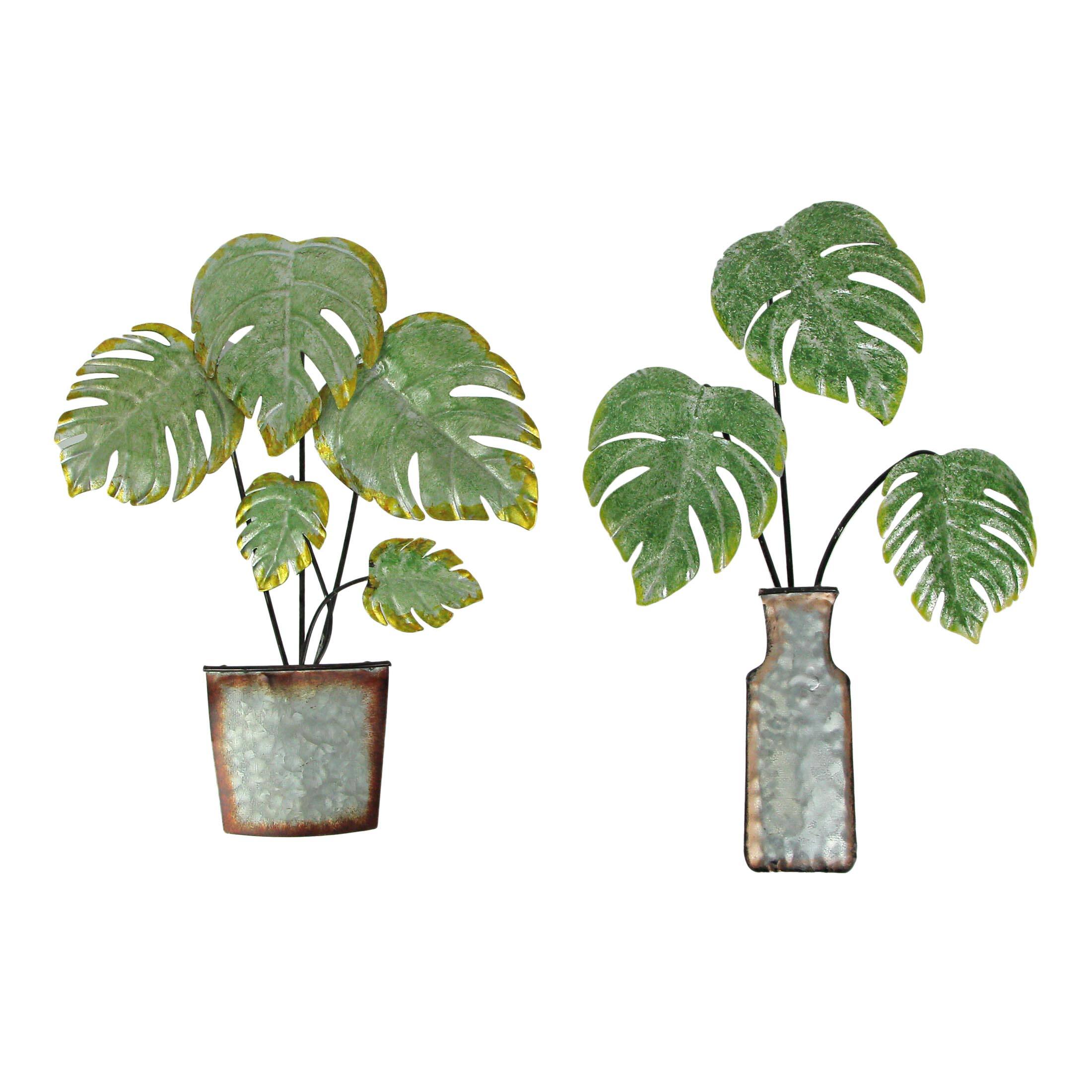 Front. Zeckos - Set of 2 Metal Tropical Potted Plant Wall Art Decorative Sculpture Home Decor - Multicolored.