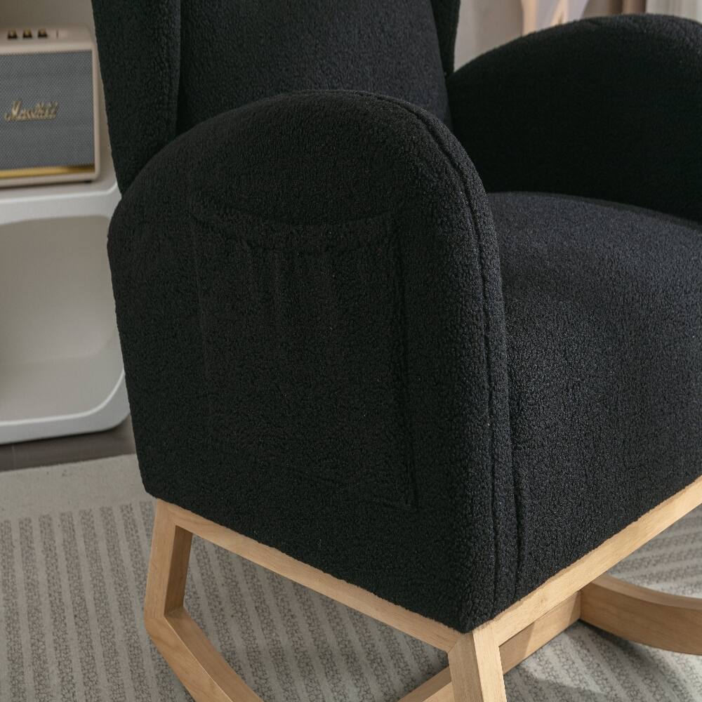 Alt View 8. Loheer - Loheer Black Teddy Fabric Nursery Rocking Chair with Wingback, Solid Wood Base Leisure Rocker, High Backrest - Black.