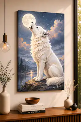FC Design - Large White Wolf Moonlight Canvas Print 24x36"-Ready-to-Hang Enchanted Wilderness Home Art Painting Home Wall Décor - MultiColor