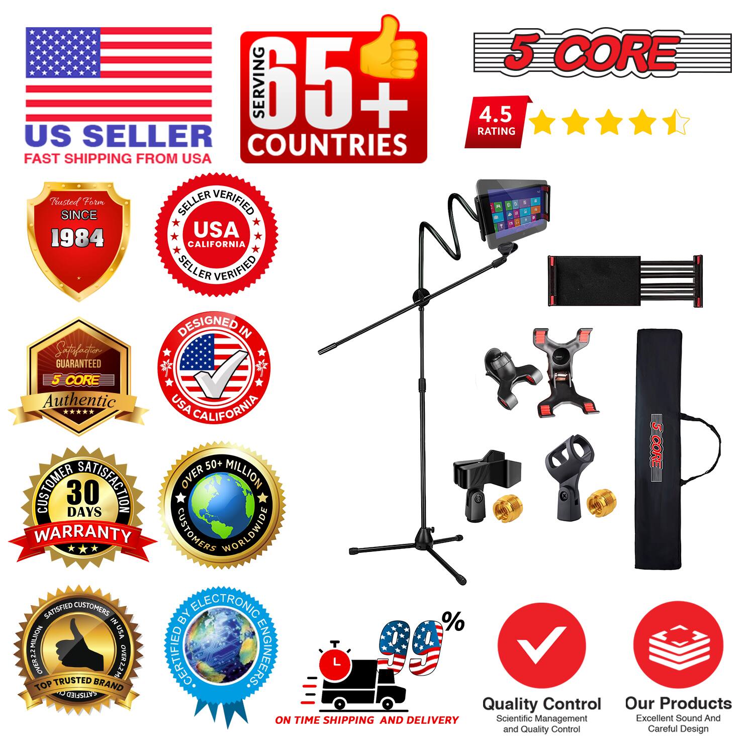 Sure, here is the corrected and grouped text from the image:

---

**US SELLER**  
FAST SHIPPING FROM USA

**5 CORE**  
SERVING 65+ COUNTRIES  
4.5 RATING

**Trusted Form SINCE 1984**

**USA CALIFORNIA**  
SELLER VERIFIED  
DESIGNED IN USA CALIFORNIA

**SATISFACTION GUARANTEED**

**CUSTOMER SATISFACTION**  
30 DAYS WARRANTY

**OVER 50+ MILLION CUSTOMERS WORLDWIDE**

**SATISFIED CUSTOMER**  
TOP TRUSTED BRAND

**ON TIME SHIPPING AND DELIVERY**

**Quality Control**  
Scientific Management and Quality Control

**Our Products**  
Excellent Sound And Careful Design

**%**  
NONTMTTHD

---

This text is organized to reflect the information and badges shown in the image.