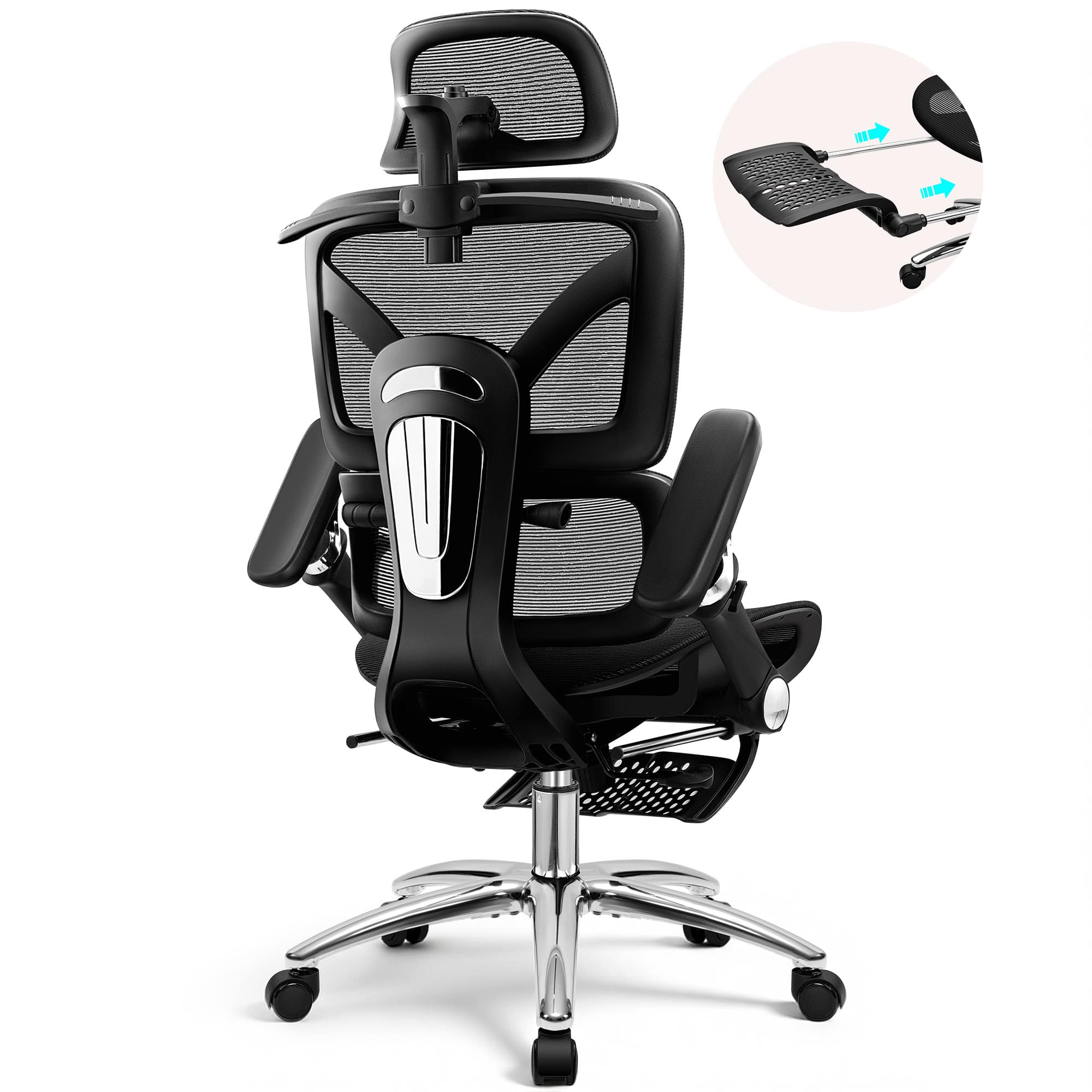 KERDOM - All in one High-End Ergonomic Office Chair with Footrest Advanced Mesh Cushion, Adjustable Seat Depth Lumbar & Armrest - Black