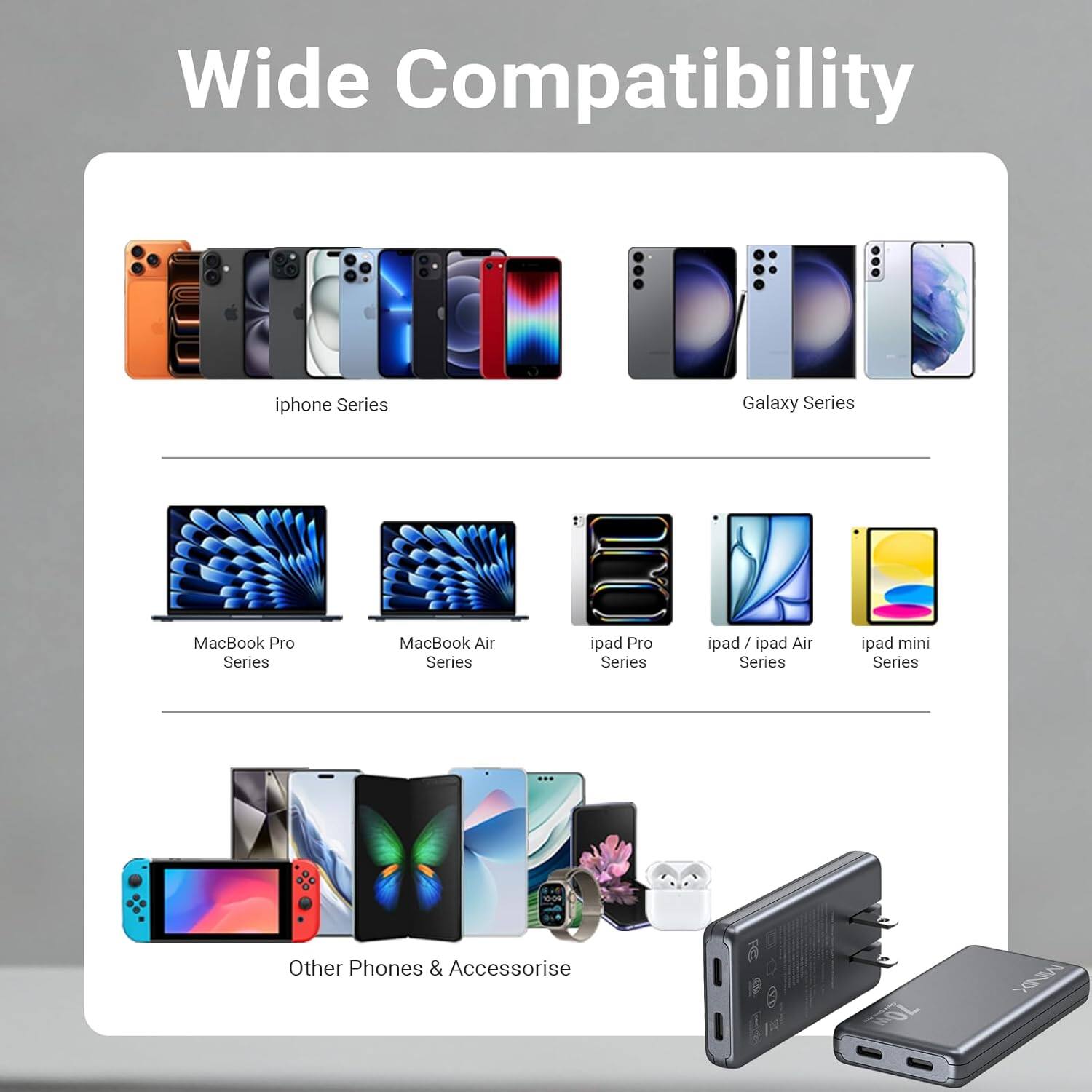 Wide Compatibility  
- iPhone Series  
- Galaxy Series  
- MacBook Pro Series  
- MacBook Air Series  
- iPad Pro Series  
- iPad / iPad Air Series  
- iPad mini Series  
- Other Phones & Accessories