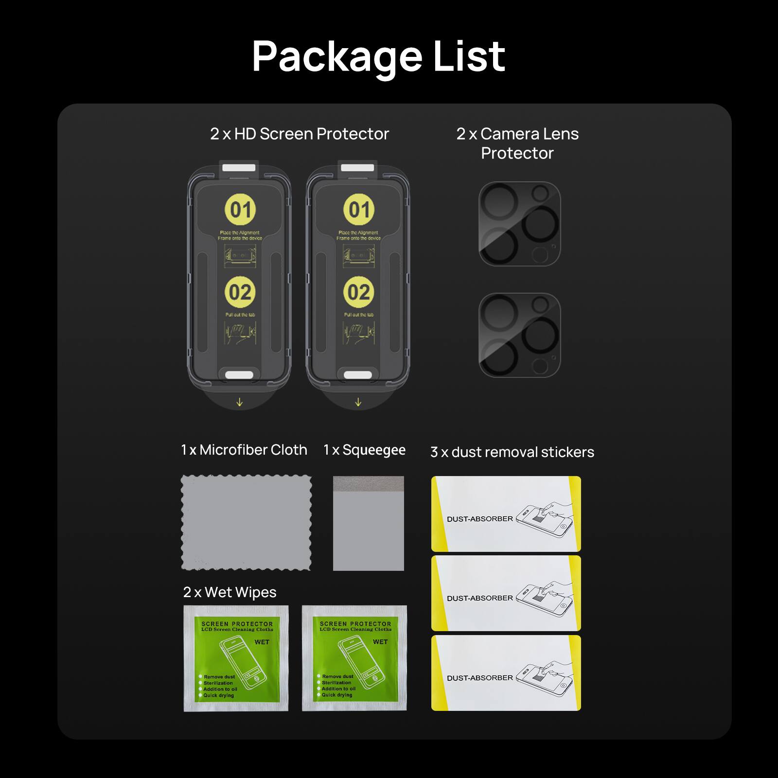 Package List:

1. 2 x HD Screen Protector
2. 2 x Camera Lens Protector
3. 1 x Microfiber Cloth
4. 1 x Squeegee
5. 3 x Dust Removal Stickers
6. 2 x Wet Wipes
7. DUST-ARSORBER

Note: The text on the image is already grouped and correctly written.