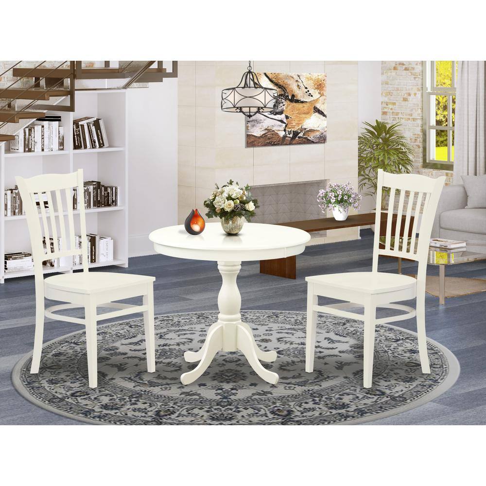 Left. East West Furniture - AMGR3-LWH-W 3 Pc Wooden Dining Table Set - 1 Dining Table and 2 Linen White Kitchen Chair - Linen White Finish - Linen White.