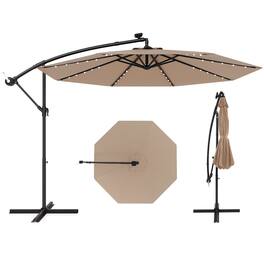 Kadyn - 10 Feet Solar Offset Hanging Umbrella with 40 Lamp Beads and Solar Panel-Tan, Patio Offset Umbrella with Tilt Adjustment