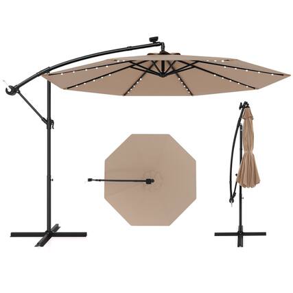 Front. Kadyn - 10 Feet Solar Offset Hanging Umbrella with 40 Lamp Beads and Solar Panel-Tan, Patio Offset Umbrella with Tilt Adjustment.