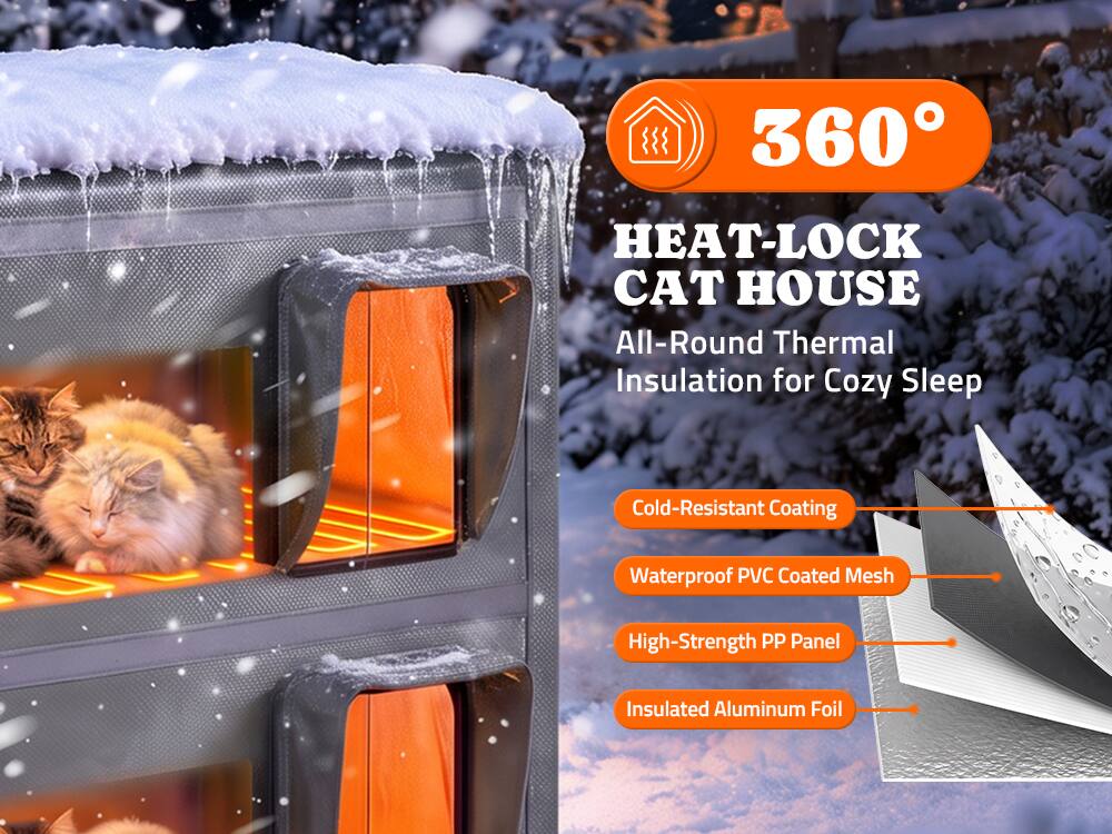 360°  
HEAT-LOCK CAT HOUSE  
All-Round Thermal Insulation for Cozy Sleep  

- Cold-Resistant Coating  
- Waterproof PVC Coated Mesh  
- High-Strength PP Panel  
- Insulated Aluminum Foil