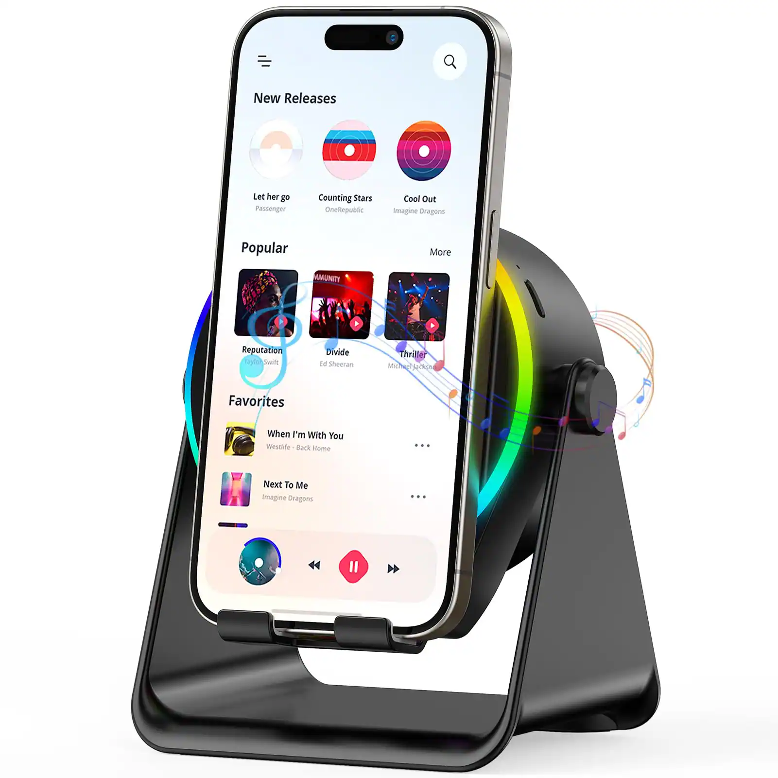 Pacoar Cade - Light Wireless Induction Speaker- 4 In1 Phone Stand With Colorful Ambient Light 360° Rotation Compatible - Black-Round