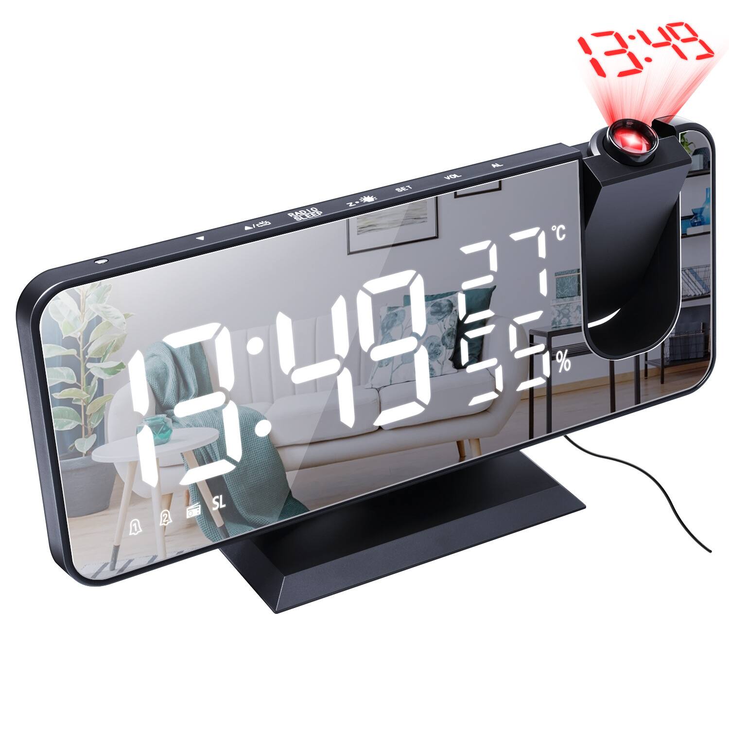 Auledio - Ceiling projection alarm clock,temperature and humidity display,LED display screen(black background with white text) - blank