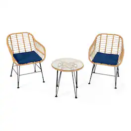 Pefilos - 3 Pieces Rattan Furniture Set, Outdoor Patio Rattan Conversation Bistro Set with Cushioned Chair Patio Coffee Table-Navy - Blue